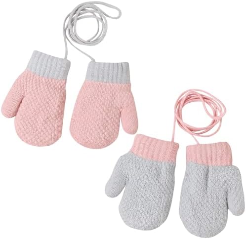 Mayoii 2 Pairs Toddler Mittens Winter Knitted Baby Mittens with String Warm Fleece Lined Toddler Gloves Age 1-3 for Boys Girls Anti-Lost Full Finger Gloves for Cold Weather
