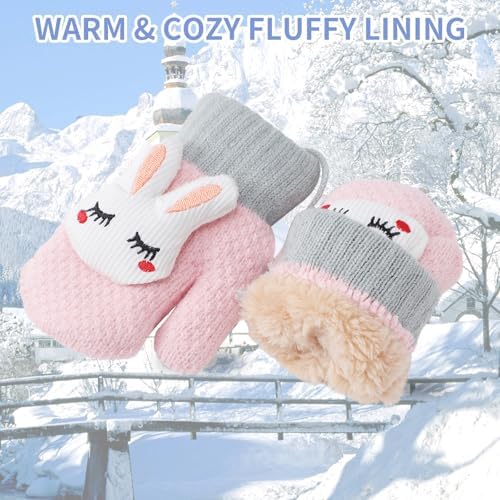 Mayoii 2PCS Mittens For Kids Winter Warm Toddler Gloves 1-3 Years Knitted Outer Toddler Gloves With String Baby Mittens For Boys Girls