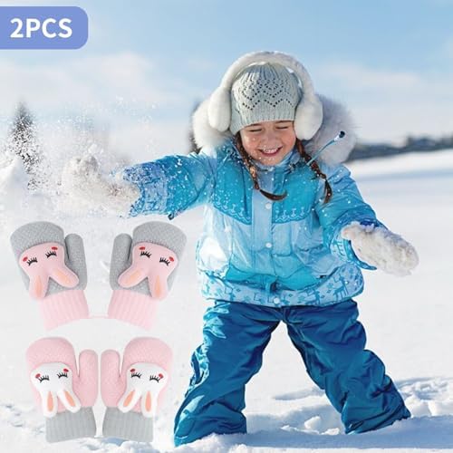 Mayoii 2PCS Mittens For Kids Winter Warm Toddler Gloves 1-3 Years Knitted Outer Toddler Gloves With String Baby Mittens For Boys Girls