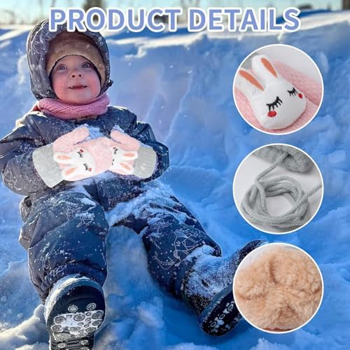 Mayoii 2PCS Mittens For Kids Winter Warm Toddler Gloves 1-3 Years Knitted Outer Toddler Gloves With String Baby Mittens For Boys Girls