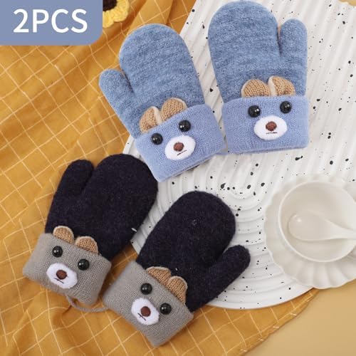 Mayoii 2PCS Mittens For Kids Winter Warm Toddler Gloves 1-3 Years Knitted Outer Toddler Gloves With String Baby Mittens For Boys Girls