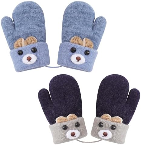 Mayoii 2PCS Mittens for Kids Winter Warm Toddler Gloves 1-3 Years Knitted Outer Toddler Gloves with String Baby Mittens for Boys Girls