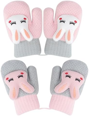 Mayoii 2PCS Mittens for Kids Winter Warm Toddler Gloves 1-3 Years Knitted Outer Toddler Gloves with String Baby Mittens for Boys Girls