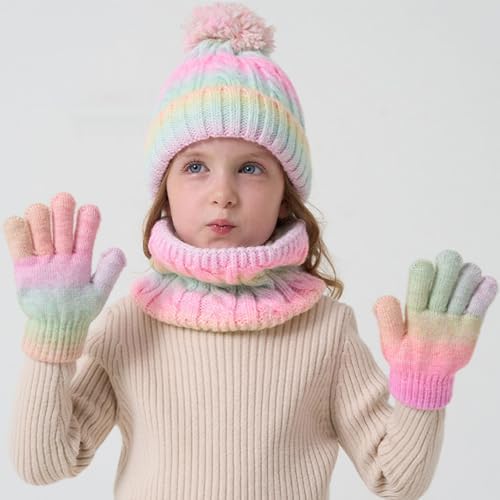 Mayoii Kids Hat Scarf Gloves Set – 3-in-1 Winter Knitted Hat Scarf And Gloves Set For Kids With Pom Pom Beanie Neck Warmer & Mittens For Boys Girls Aged 3–10