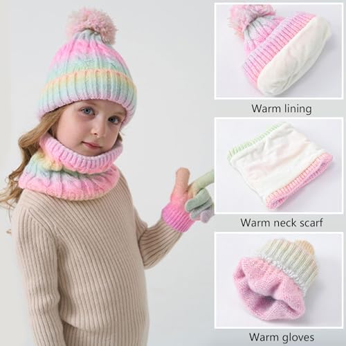 Mayoii Kids Hat Scarf Gloves Set – 3-in-1 Winter Knitted Hat Scarf And Gloves Set For Kids With Pom Pom Beanie Neck Warmer & Mittens For Boys Girls Aged 3–10