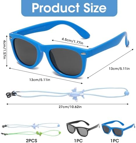 MDLSDE 2 Pairs Kids Polarized Sunglasses Kids Sunglasses Boys Retro Eye Glasses With Adjustable Glasses Strap Silicone Frame UV400 Protection For Boys And Girls Toddlers Beach School Shopping Party