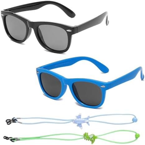 MDLSDE 2 Pairs Kids Polarized Sunglasses Kids Sunglasses Boys Retro Eye Glasses with Adjustable Glasses Strap Silicone Frame UV400 Protection for Boys and Girls Toddlers Beach School Shopping Party