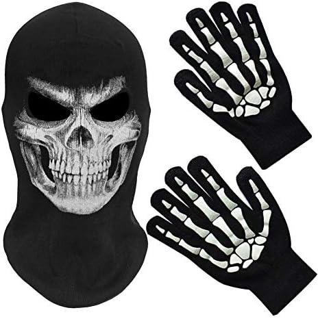 MELOP Full Face Skeleton Skull Ghost Halloween Balaclava Face Mask for Cosplay Costume Cycling Outdoor with Big SkullSkeleton Gloves