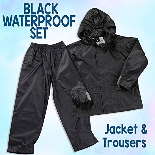 Metzuyan Kids Childrens Waterproof Suit Jacket & Trousers Raincoat Outdoor Set Black Navy Age 3-10