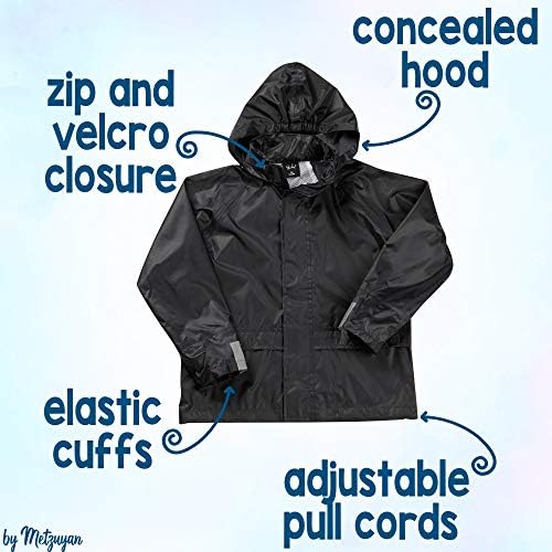 Metzuyan Kids Childrens Waterproof Suit Jacket & Trousers Raincoat Outdoor Set Black Navy Age 3-10