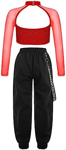 Miaeowve Kids Hip Hop Dance Clothes Girls Street Dance Outfits Mesh Sleeves Sequins Crop Tops And Jogger Pants Set