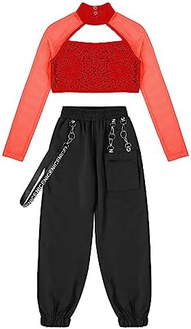 Miaeowve Kids Hip Hop Dance Clothes Girls Street Dance Outfits Mesh Sleeves Sequins Crop Tops And Jogger Pants Set
