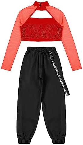 Miaeowve Kids Hip Hop Dance Clothes Girls Street Dance Outfits Mesh Sleeves Sequins Crop Tops And Jogger Pants Set