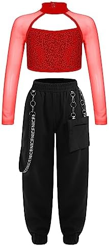 Miaeowve Kids Hip Hop Dance Clothes Girls Street Dance Outfits Mesh Sleeves Sequins Crop Tops and Jogger Pants Set