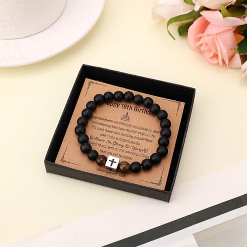 Mikovivi Cross Bead Bracelet With Birthday Cards 18th Birthday Tiger Eye Stone Bracelet Jesus Religious Bracelets Christian Bracelets Jewelry For Men Sons Dads