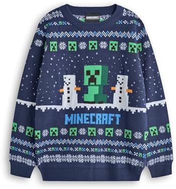 Minecraft Boys Christmas Jumper Style Options Kids Creeper & Snow Characters Knitted Sweater in Blue Childrens Selburose Pattern Festive Jumper with Snowmen Mojang Video Game Merchandise Gift
