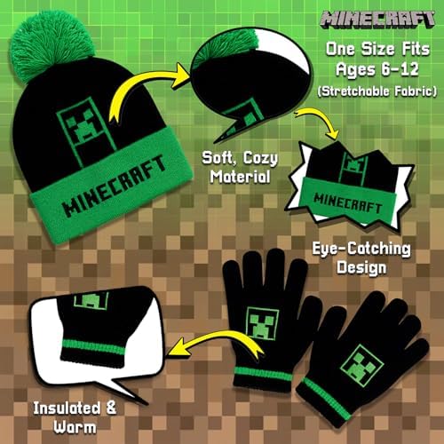 Minecraft Boys Hat And Gloves Set Winter Set For Boys Gaming Merchandise