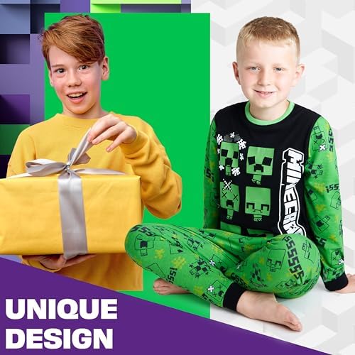 Minecraft Boys Long Pyjamas Set Comfy Cotton PJs Creeper Loungewear - Gamer Gifts For Boys