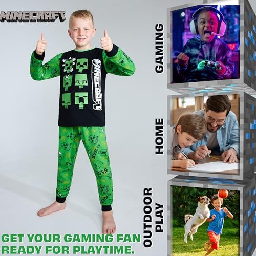 Minecraft Boys Long Pyjamas Set Comfy Cotton PJs Creeper Loungewear - Gamer Gifts For Boys