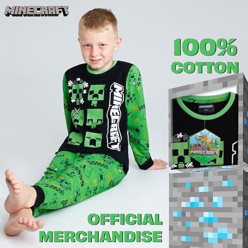 Minecraft Boys Long Pyjamas Set Comfy Cotton PJs Creeper Loungewear - Gamer Gifts For Boys