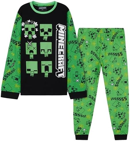 Minecraft Boys Long Pyjamas Set Comfy Cotton PJs Creeper Loungewear - Gamer Gifts for Boys