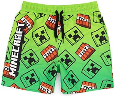 Minecraft Boys Swim Shorts Blue & Green OR Green Creeper Options Swimming Trunks with Creeper Steve Alex TNT Explosive Game Characters Gaming Swimwear Merchandise Gift for Children & Teens