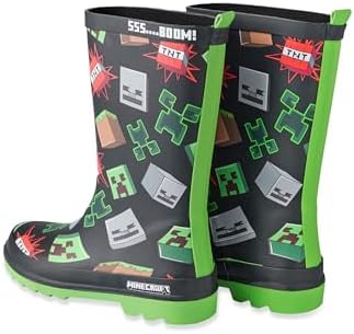 Minecraft Boys Wellington Boots Kids Wellies With Creeper & Skeleton Character Face And TNT Block Graphic Print In Black Water Resistant Rubber Boots For Children Mojang Game Merchandise Gift