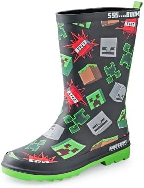 Minecraft Boys Wellington Boots Kids Wellies with Creeper & Skeleton Character Face and TNT Block Graphic Print in Black Water Resistant Rubber Boots for Children Mojang Game Merchandise Gift