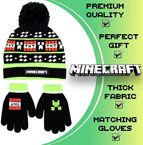 Minecraft - Children's Hat & Gloves Set - Black Woolly Hat & Gloves - Pixel Design - One Size Fits 6-12 Years - Official Merchandise