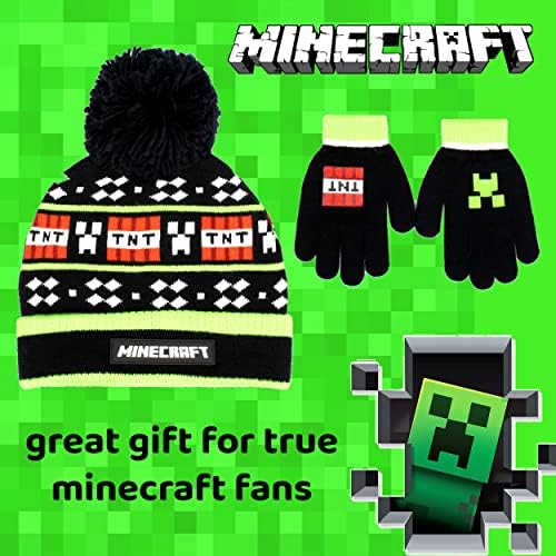 Minecraft - Children's Hat & Gloves Set - Black Woolly Hat & Gloves - Pixel Design - One Size Fits 6-12 Years - Official Merchandise