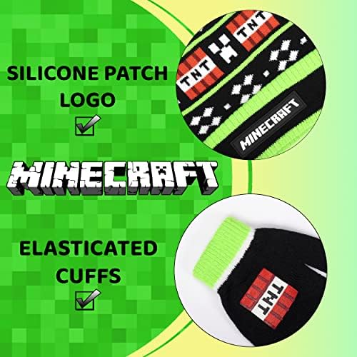 Minecraft - Children's Hat & Gloves Set - Black Woolly Hat & Gloves - Pixel Design - One Size Fits 6-12 Years - Official Merchandise