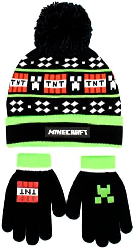 Minecraft - Children's Hat & Gloves Set - Black Woolly Hat & Gloves - Pixel Design - One Size Fits 6-12 Years - Official Merchandise