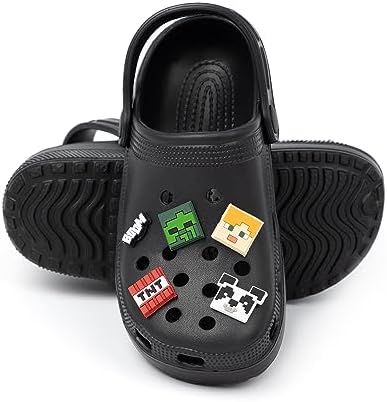 Minecraft Kids Classic Clogs Black Ventilated Sliders With Supportive Strap For Boys & Girls Game Creeper TNT Weapons Novelty Charms Footwear Summer Beach Pool Shoes For Children & Teens