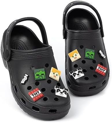 Minecraft Kids Classic Clogs Black Ventilated Sliders with Supportive Strap for Boys & Girls Game Creeper TNT Weapons Novelty Charms Footwear Summer Beach Pool Shoes for Children & Teens
