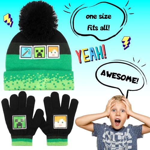 Minecraft Winter Hat & Gloves Set For Boys – Warm & Cosy Beanie Hat & Gloves – Perfect For Kids Ages 6-12