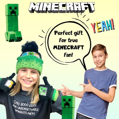 Minecraft Winter Hat & Gloves Set For Boys – Warm & Cosy Beanie Hat & Gloves – Perfect For Kids Ages 6-12