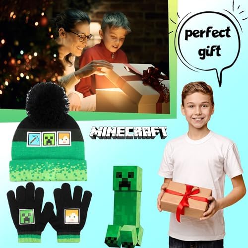 Minecraft Winter Hat & Gloves Set For Boys – Warm & Cosy Beanie Hat & Gloves – Perfect For Kids Ages 6-12
