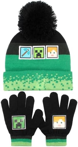 Minecraft Winter Hat & Gloves Set for Boys – Warm & Cosy Beanie Hat & Gloves – Perfect for Kids Ages 6-12