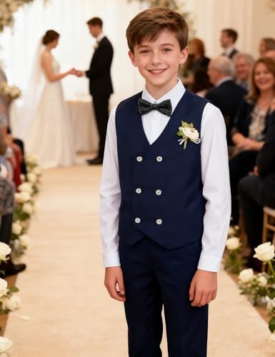 Mintgreen Boys 4Pcs Suits Set Kids Wedding Waistcoat & Shirt & Trousers & Bowtie 6-14 Years