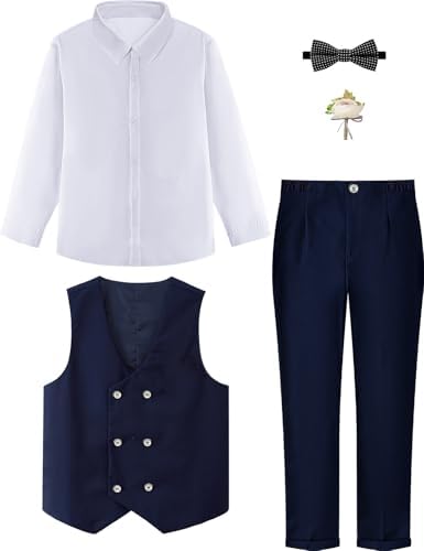 Mintgreen Boys 4Pcs Suits Set Kids Wedding Waistcoat & Shirt & Trousers & Bowtie 6-14 Years