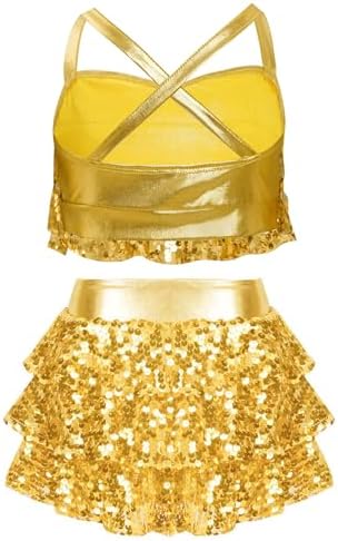 Miutii Kids Girls 2 Piece Sequins Camisole Crop Top With Skirt Ballet Modern Jazz Latin Dance Performance Costume