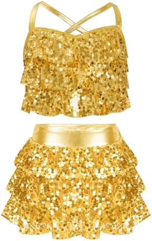 Miutii Kids Girls 2 Piece Sequins Camisole Crop Top with Skirt Ballet Modern Jazz Latin Dance Performance Costume