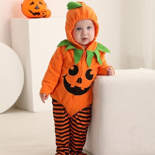 Miyanuby Newborn Baby Boy Girl Halloween Pumpkin Costume Toddler Cute Hooded Romper Pumpkins Cosplay Tops+Striped Pants Infant Clothes Outfit