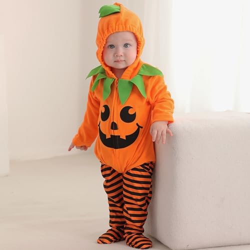 Miyanuby Newborn Baby Boy Girl Halloween Pumpkin Costume Toddler Cute Hooded Romper Pumpkins Cosplay Tops+Striped Pants Infant Clothes Outfit