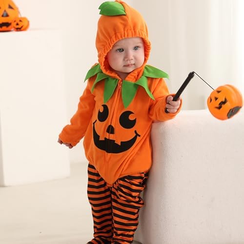 Miyanuby Newborn Baby Boy Girl Halloween Pumpkin Costume Toddler Cute Hooded Romper Pumpkins Cosplay Tops+Striped Pants Infant Clothes Outfit