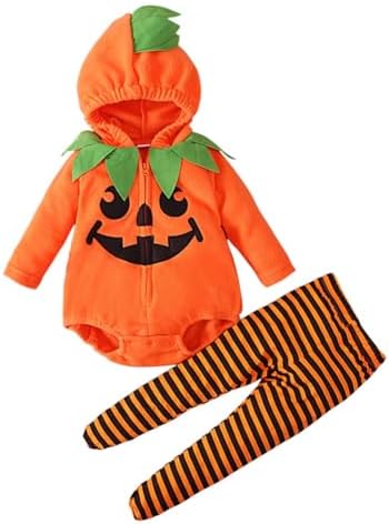 Miyanuby Newborn Baby Boy Girl Halloween Pumpkin Costume Toddler Cute Hooded Romper Pumpkins Cosplay Tops+Striped Pants Infant Clothes Outfit