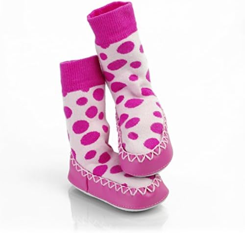 Mocc Ons Moccasin Washable Leather Sole Slipper Socks (12-18 Months Pink Spot)
