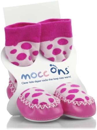 Mocc Ons moccasin washable leather sole slipper socks (12-18 Months Pink Spot)