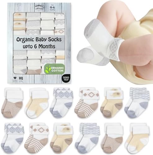 Mother's Choice Organic Cotton Baby Socks 12 Pairs Unisex 0-6 Months - Soft Hypoallergenic Newborn & Infant Socks - Baby Girl & Boy Gifts (12Pcs Brown)