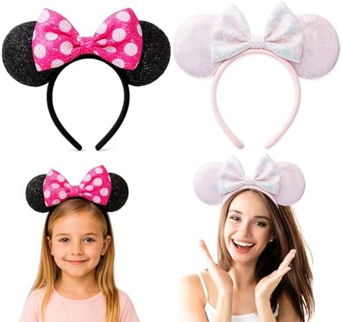 Mouse Ears Halloween Headband 2 Pcs Bow Mouse Ears Headband Mouse Ears Kids Women for Party Decoration Cosplay Birthday and Halloween